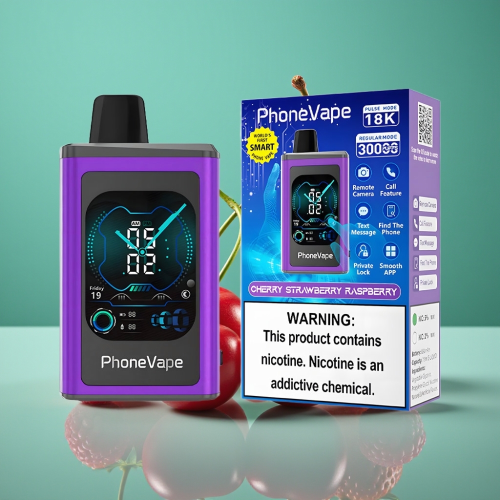 JNR PhoneVape 30000 bouffées Rechargeable Type-C avec Écran Complet et Turbo Mode - Cerise Fraise Framboise
