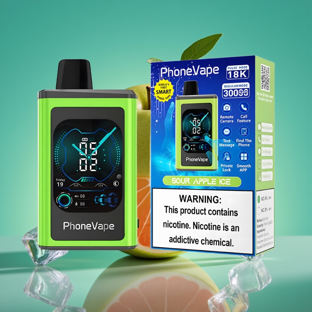 JNR PhoneVape 30000 bouffées Vape Jetable Pomme Acidulée Glace - Batterie 850mAh Rechargeable Type-C, Mode Turbo, Contrôle par App, 2%/5% Nicotine