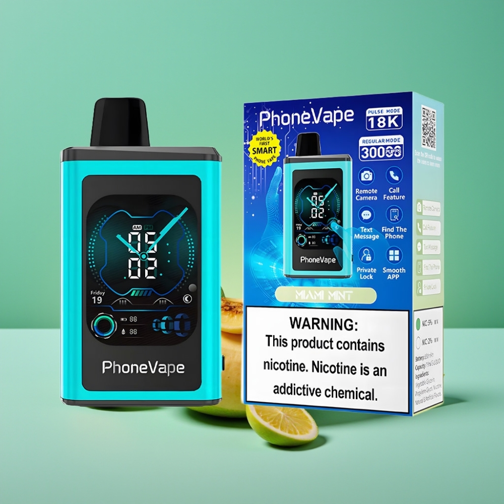 JNR PhoneVape 30000 puffs Vape Jetable Menthe Miami – Batterie 850mAh Rechargeable Type-C, Turbo Mode, Écran Complet, Contrôle par App
