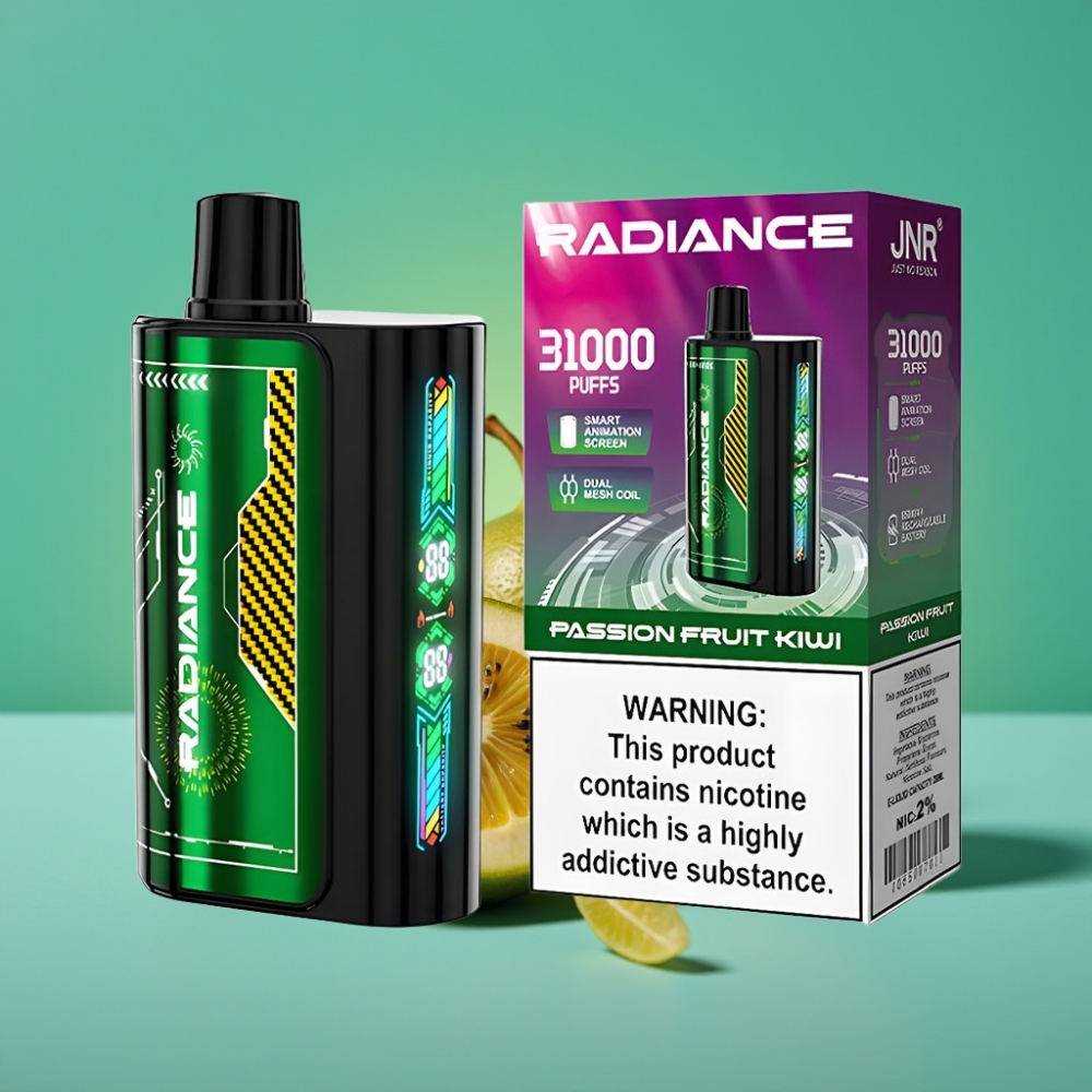 JNR Radiance 31000 Puffs – Ecran Animé Intelligent, Double Mesh Coil, Batterie Rechargeable 950 mAh – Fruit de la Passion Kiwi