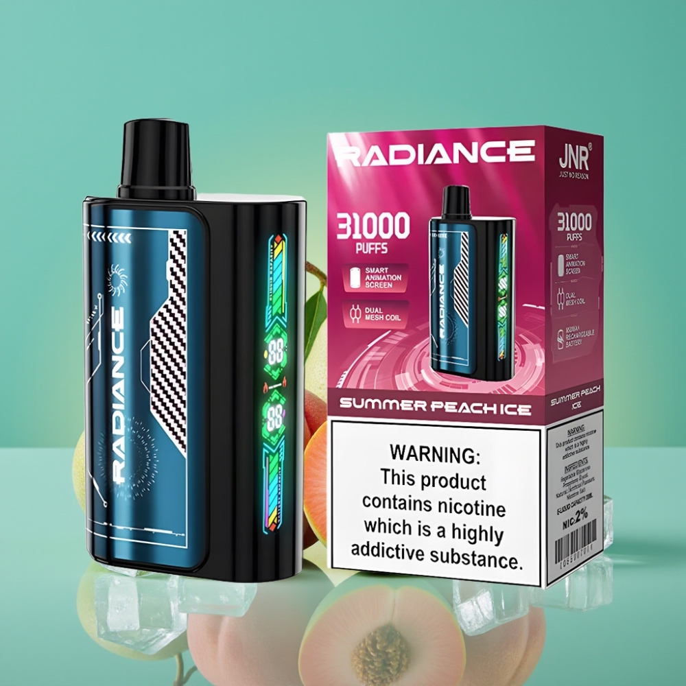 JNR Radiance 31000 Puffs Vape Jetable PÊCHE GLACÉE ÉTÉ avec Écran Animé Intelligent, Double Mesh Coil et Batterie Rechargeable 950 mAh