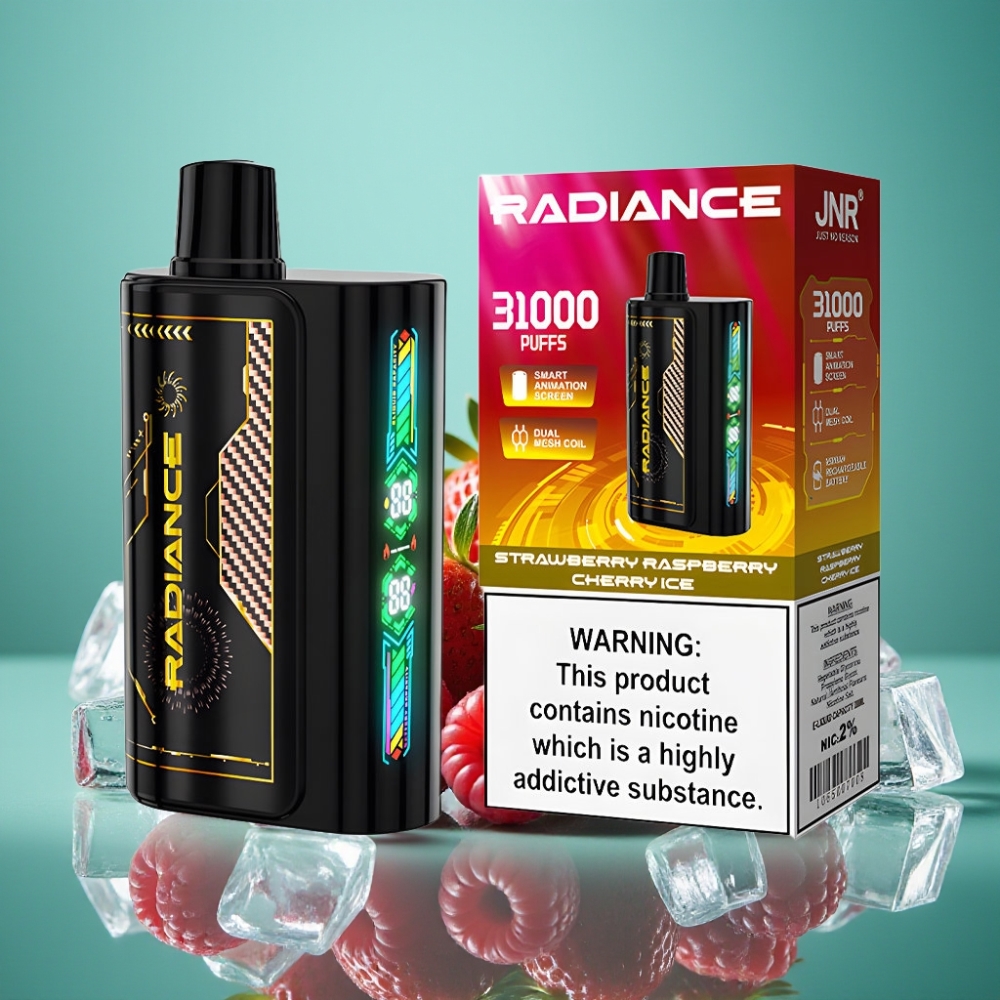 JNR Radiance 31000 Puffs – Écran Animé Intelligent, Double Mesh, Batterie Rechargeable 950 mAh – Fraise Framboise Cerise Glacée