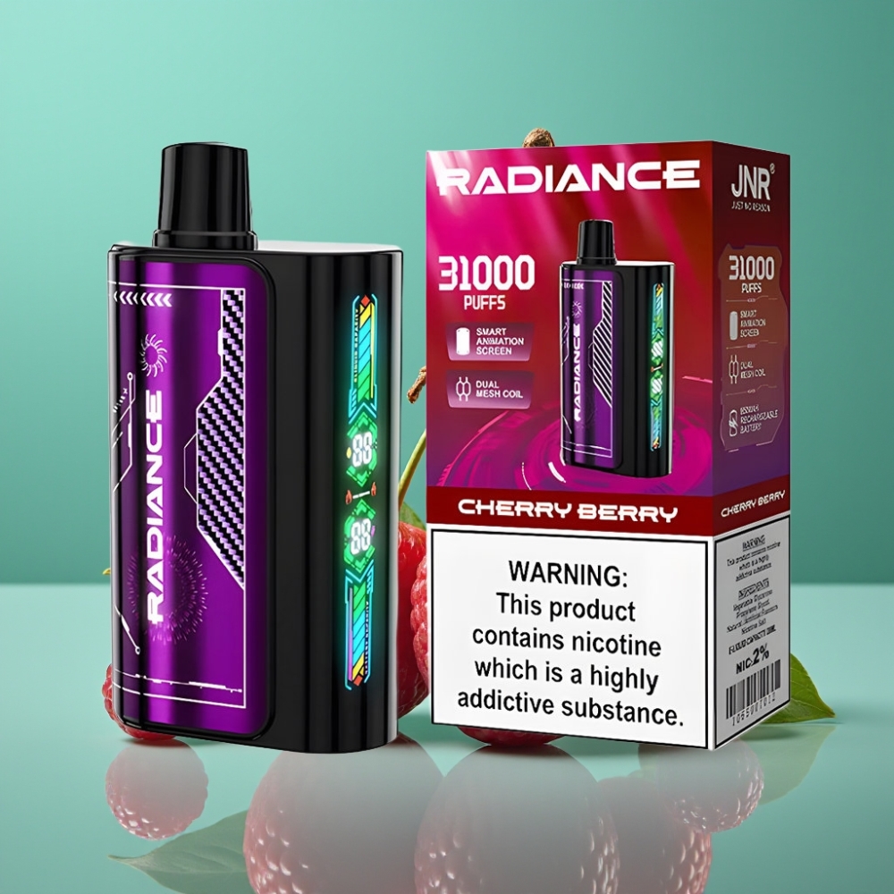 JNR Radiance 31000 Puffs – Écran Animé Intelligent, Double Mesh Coil, 28ml E-liquide, Batterie Rechargeable 950 mAh – Type-C – 2% Nicotine – Cerise-Baie