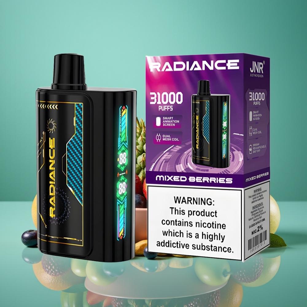 JNR Radiance 31000 Puffs – Écran Animé Intelligent – Double Mesh Coil – 950 mAh Rechargeable – Baies Mixtes – 28ml E-liquide – Nicotine 2% – USB Type-C