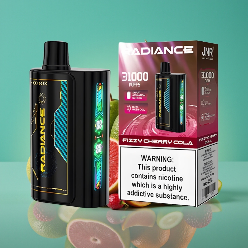 JNR Radiance 31000 Puffs – Écran Animé Intelligent, Double Mesh Coil, Batterie Rechargeable 950 mAh – E-Liquide 28ml (Cerise Cola Pétillante) 2% Nicotine