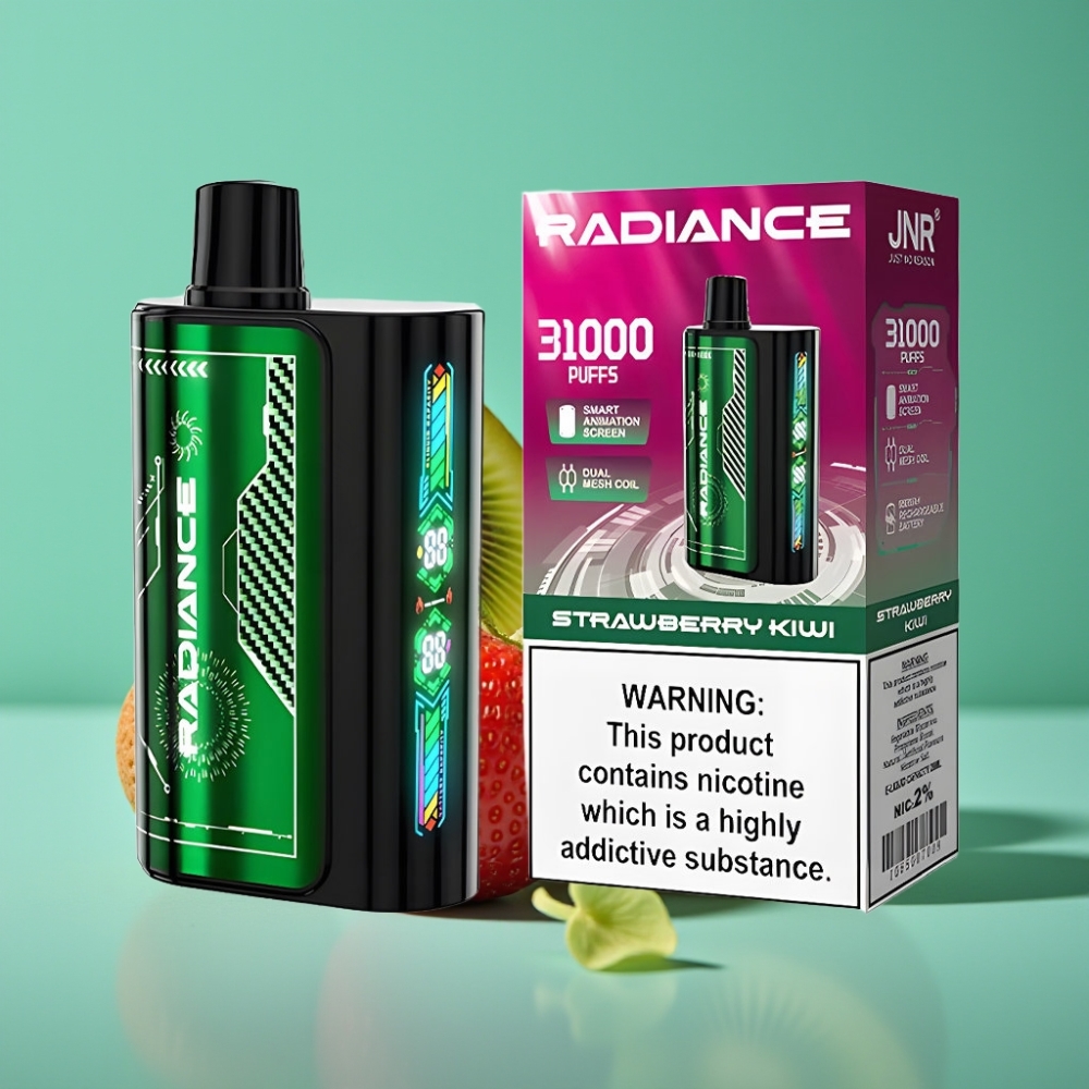 JNR Radiance 31000 Puffs – Écran Animé Intelligent, Double Mesh Coil, Batterie Rechargeable 950 mAh – Fraise Kiwi