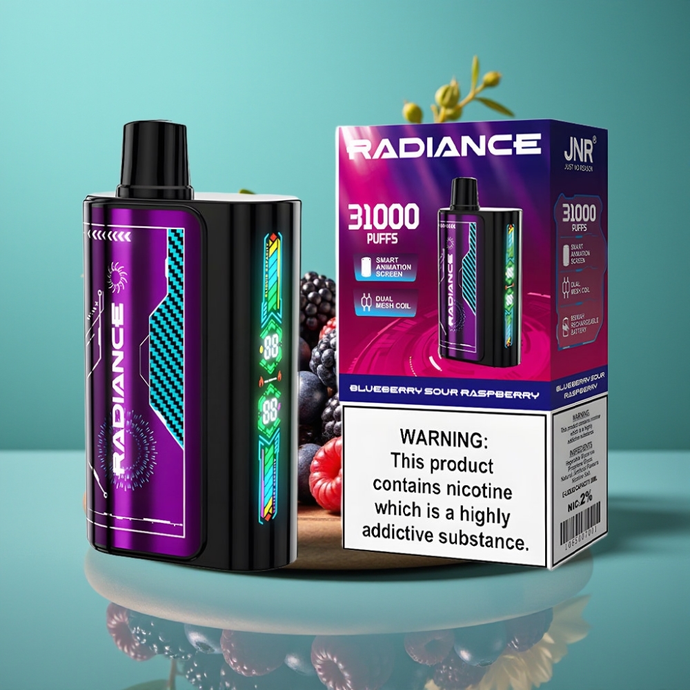 JNR Radiance 31000 Puffs – Écran Animé Intelligent, Double Mesh Coil, Batterie Rechargeable 950 mAh – MYRTILLE FRAMBOISE ACIDE