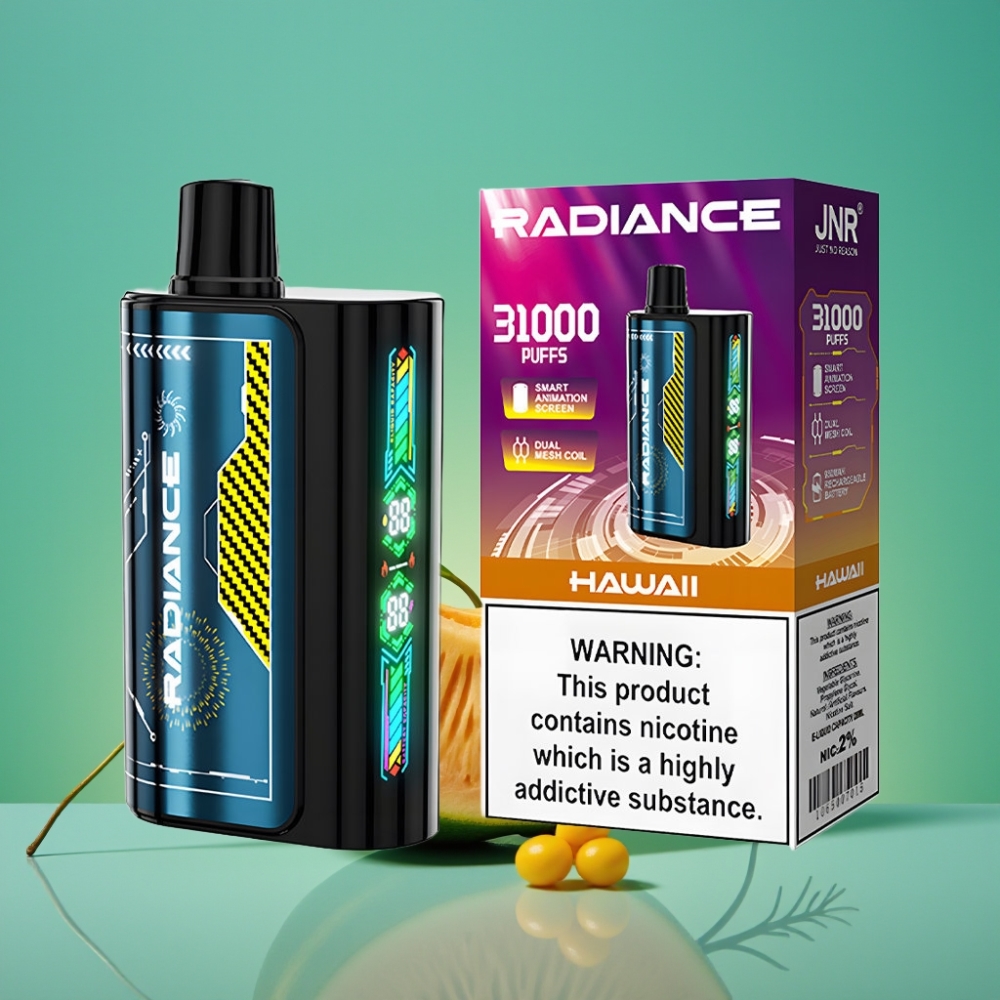 JNR Radiance 31000 Puffs – Écran Animé Intelligent, Double Mesh Coil, Batterie Rechargeable 950 mAh, Port Type-C, 28ml E-liquide, Teneur en Nicotine 2% – HAWAII
