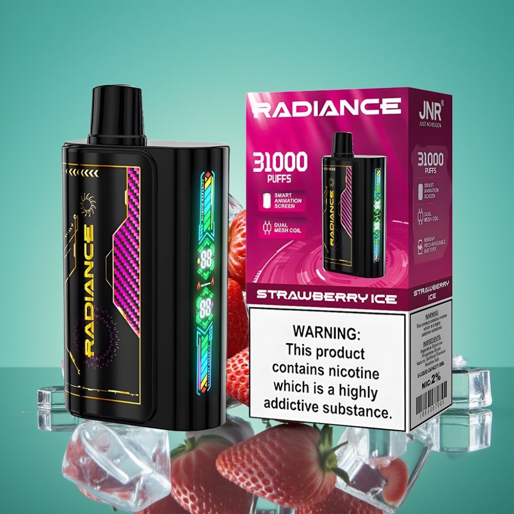 JNR Radiance 31000 Puffs – Écran Animé Intelligent & Double Mesh Coil – E-Liquide 28ml – Glace à la Fraise