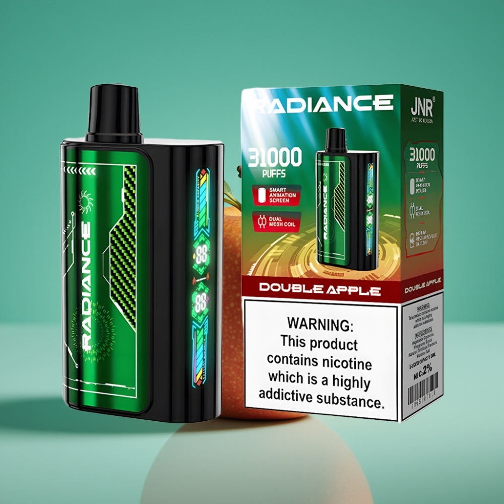 JNR Radiance DOUBLE POMME 31000 Puffs - Écran Animation Intelligent, Double Mesh Coil, Batterie Rechargeable 950 mAh, Port Type-C, 28ml E-liquide, 2% Nicotine
