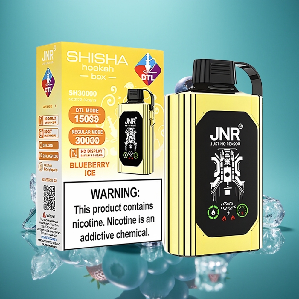 JNR Shisha Hookah Box 20500 Puffs - Affichage HD - 1000mAh - 25ml - Double Mesh Coil & Dual Core - Charge Rapide Type-C - Glace Myrtille (0%,2%,5%)