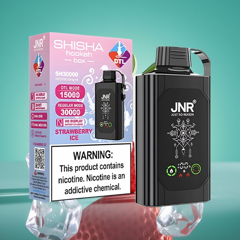 JNR Shisha Hookah Box 20500 Puffs - Ecran HD - Double Mesh Coil - Charge Rapide Type-C - Fraise Glacée - 25ml - 0%/2%/5% Nicotine