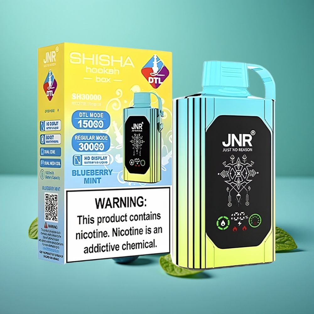JNR Shisha Hookah Box 20500 Puffs - Myrtille Menthe - Écran HD - 1000mAh - 25ml - Double Mesh Coil - Charge Rapide Type-C - Teneur en Nicotine 0%,2%,5%