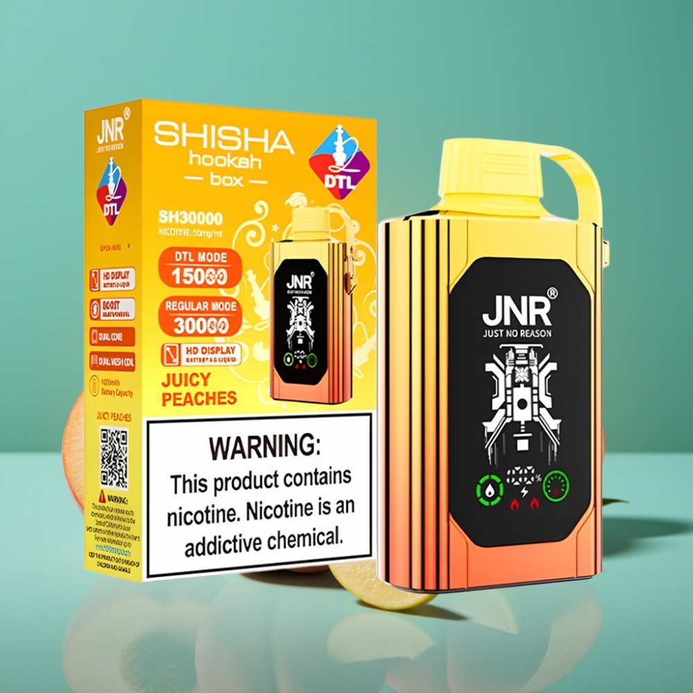 JNR Shisha Hookah Box 20500 Puffs - Pêche Juteuse - HD Display - 1000mAh - 25ml - Double Mesh & Dual Core - Charge Rapide Type-C - Nicotine 0%/2%/5%