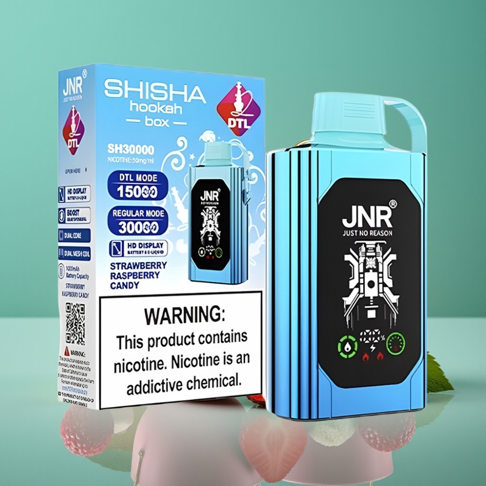 JNR Shisha Hookah Box 20500 Puffs - Vape Jetable Fraise Framboise Bonbon, HD Display, 1000mAh, 25ml, Double Mesh Coil, Charge Type-C Rapide