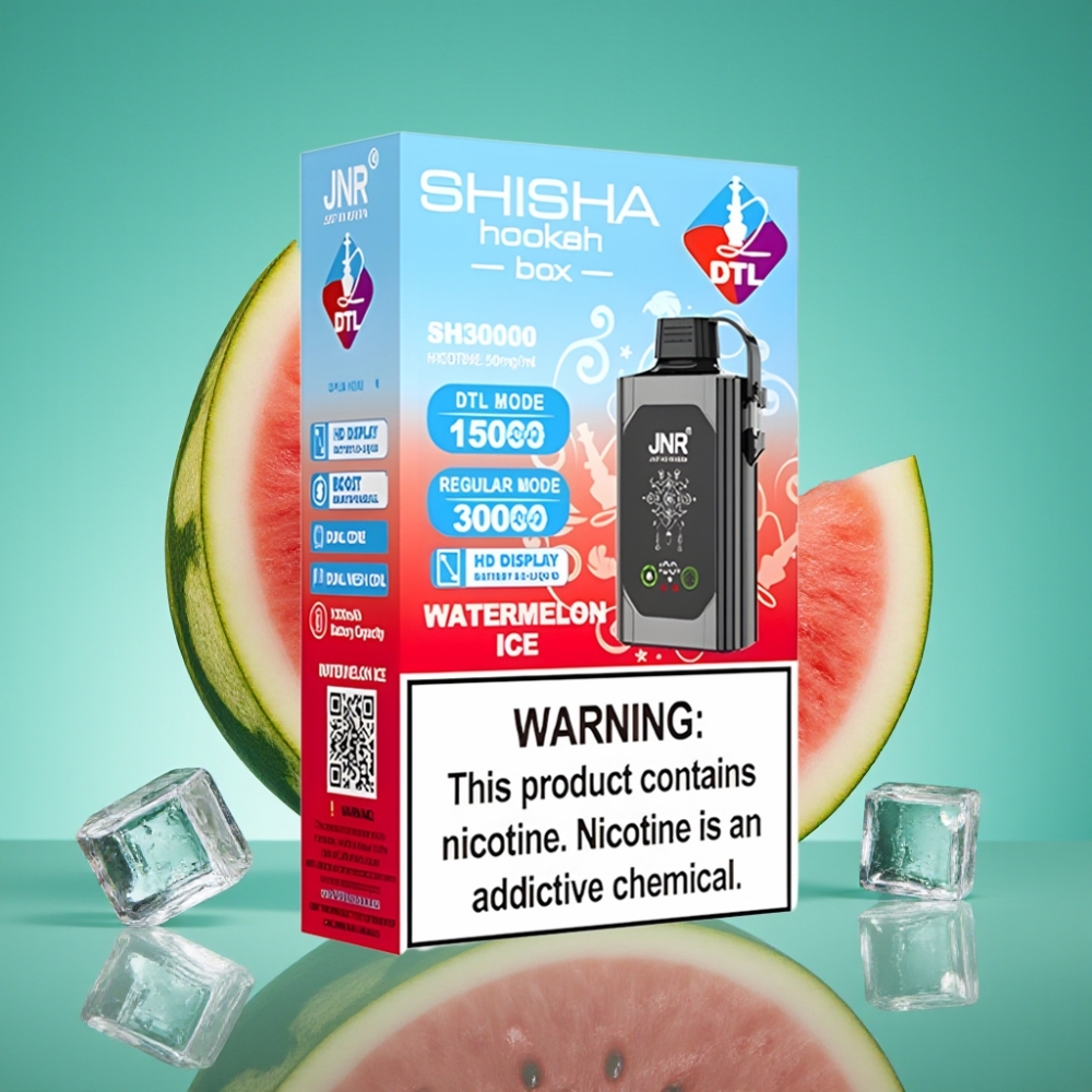 JNR Shisha Hookah Box 20500 Puffs Vape Jetable Pastèque Glacée - 25ml E-Liquid, 1000mAh Batterie, Dual Mesh Coil, Recharge Type-C, Affichage HD