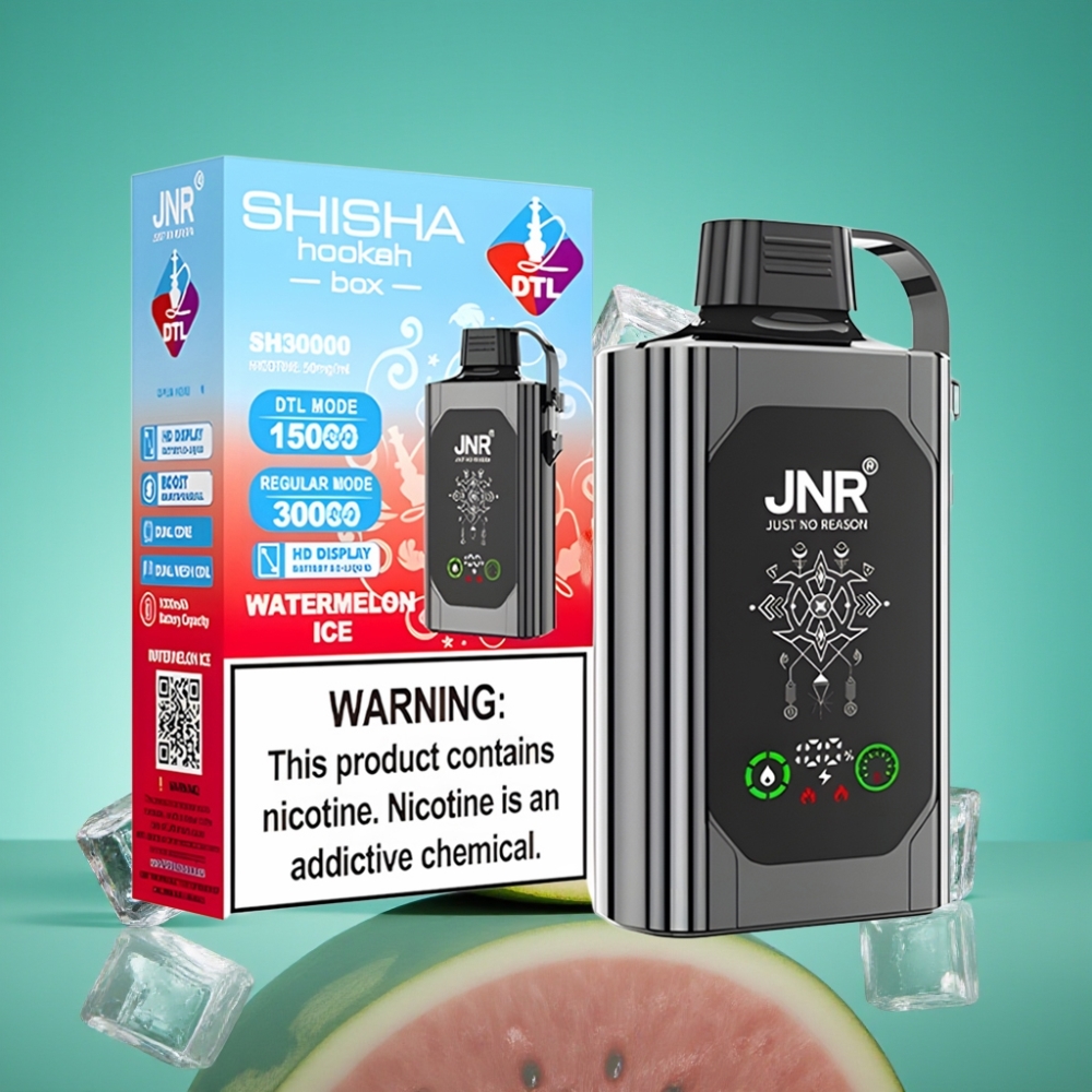 JNR Shisha Hookah Box 20500 Puffs Vape Jetable Pastèque Glacée - 25ml E-Liquid, 1000mAh Batterie, Dual Mesh Coil, Recharge Type-C, Affichage HD