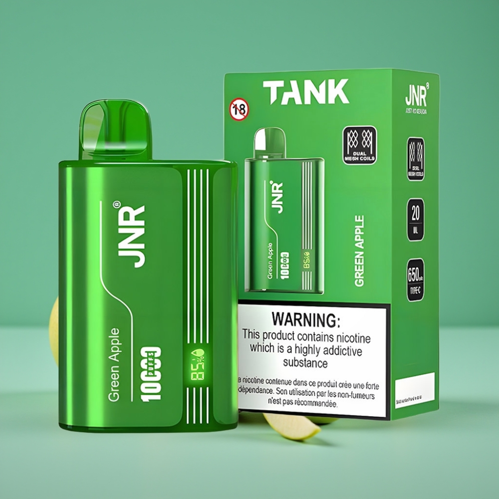JNR Tank 10000 Puffs Vape Jetable Pomme Verte Pêche Poire avec Affichage Digital, Double Mesh Coil et Charge Rapide Type-C