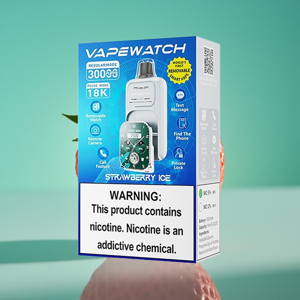 JNR VapeWatch 30000 Puffs Vape Jetable Fraise Glace – 19mL E-Liquide, 5% Nicotine, 1000mAh Batterie, Type-C Charge Rapide, Double Bobine Mesh