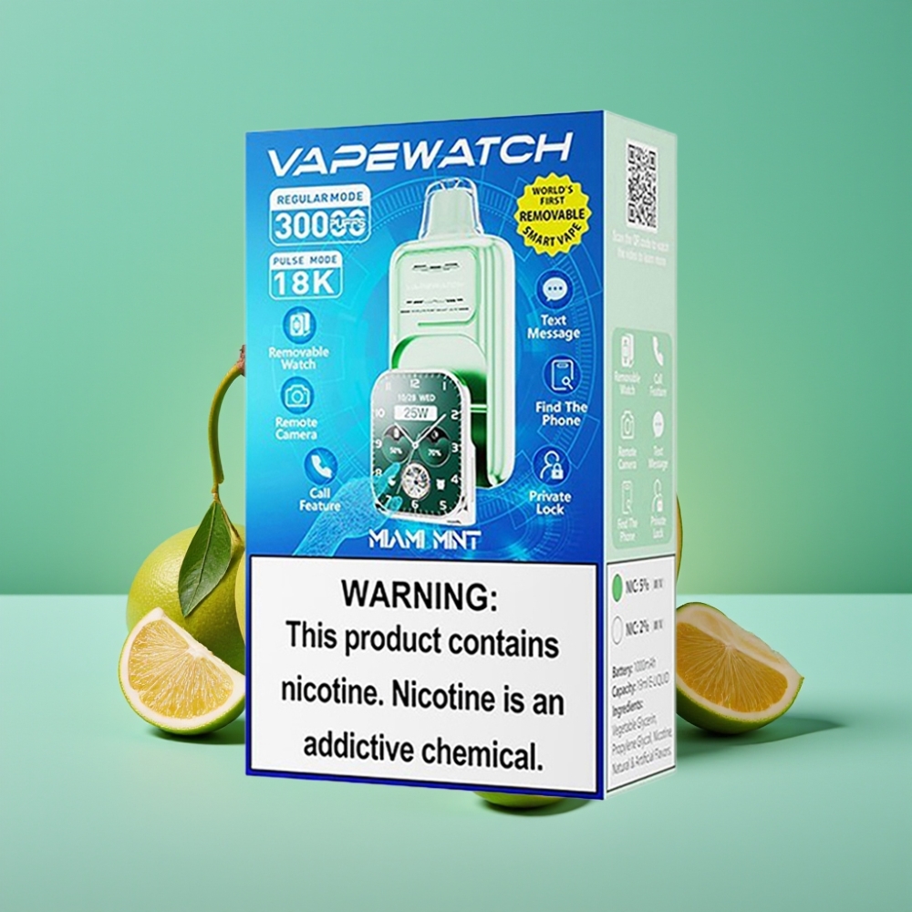 JNR VapeWatch 30000 Puffs Vape Jetable Menthe Miami – 19mL / 5% Nicotine / Double Mesh Coil / Charge Type-C Rapide