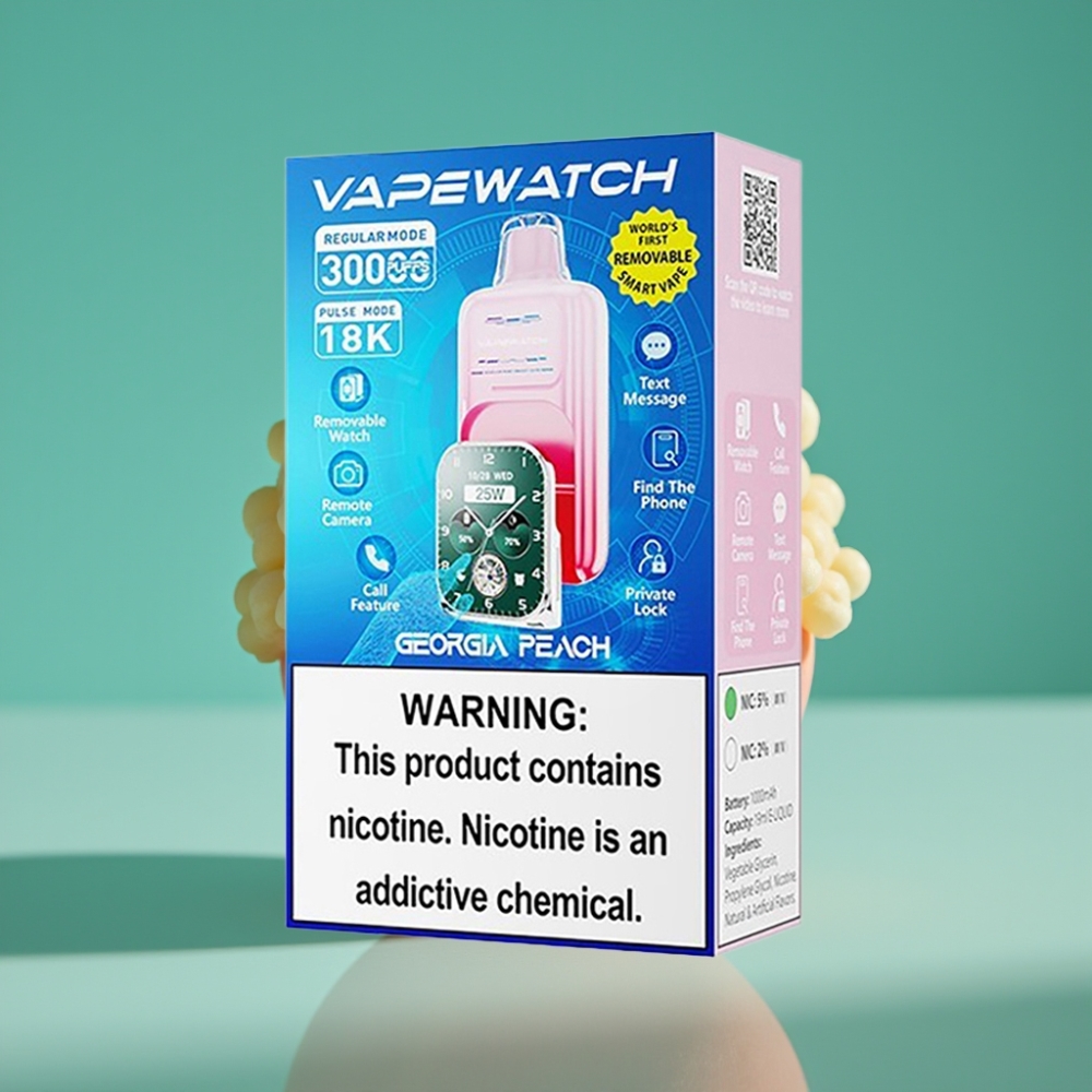 JNR VapeWatch 30000 Puffs Vape Jetable Pêche Géorgienne - 30 000 bouffées (Mode Normal) / 18 000 bouffées (Mode Pulse), 19mL, 5% Nicotine, Double Mesh Coil