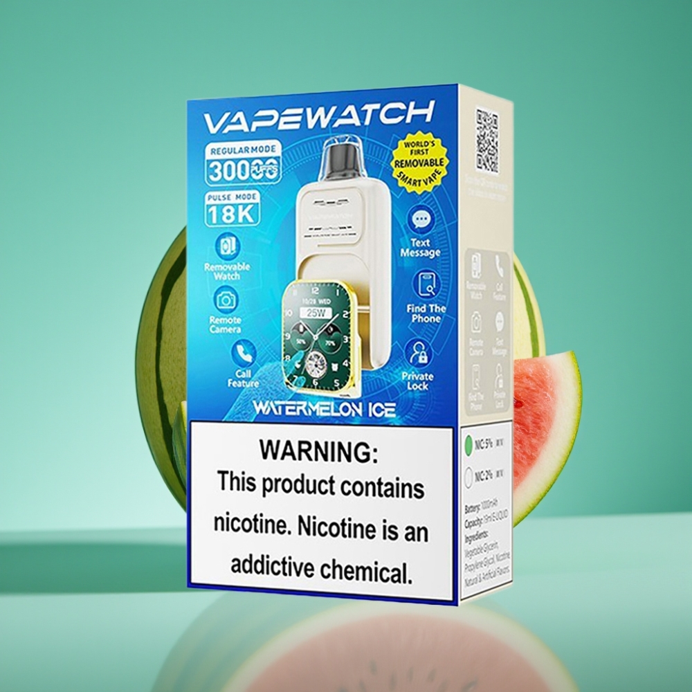 JNR VapeWatch 30000 Puffs Vape Jetable Pastèque Glacée – 30 000 bouffées (Mode Normal), 18 000 bouffées (Mode Pulse), 19mL, 5% Nicotine, Double Mesh Coil