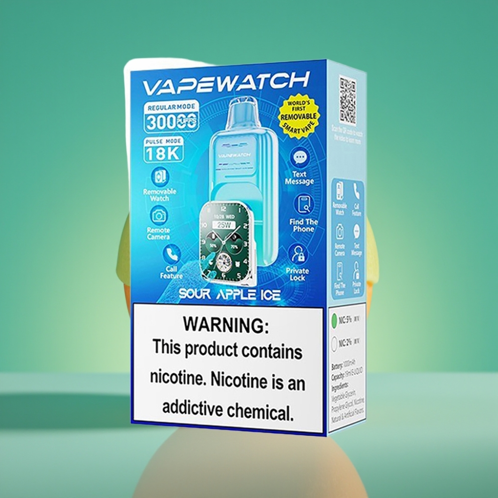 JNR VapeWatch 30000 Puffs Vape Jetable Pomme Acidulée Glacée – 19mL | 5% Nicotine | 1000mAh | Dual Mesh Coil | Type-C Charge