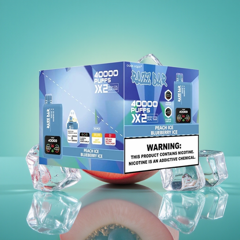 Razz Bar 40000 Puffs Affichage Écran Puissance Double Coil Mesh 1.0Ω Pêche Glacée & Myrtille Glacée