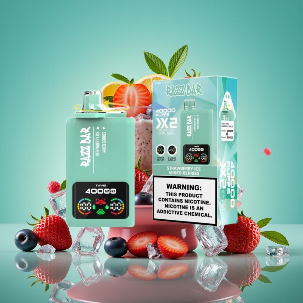 Razz Bar 40000 Puffs Ecigarette Jetable avec Affichage Écran Puissance, Double Bobine Mesh 1.0Ω, Batterie 650 mAh Port Type-C – Fraise Glacée & Baies Mixtes