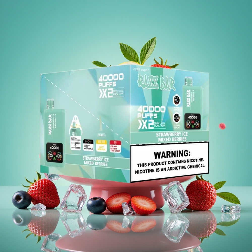 Razz Bar 40000 Puffs Ecigarette Jetable avec Affichage Écran Puissance, Double Bobine Mesh 1.0Ω, Batterie 650 mAh Port Type-C – Fraise Glacée & Baies Mixtes