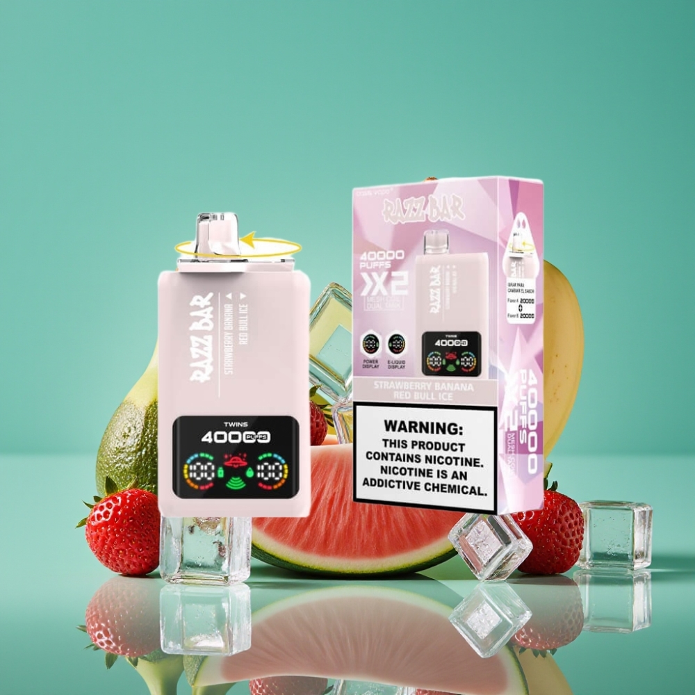 Razz Bar 40000 Puffs Vape Jetable - Affichage Écran, Double Bobine Mesh 1.0Ω, Batterie 650mAh, Port Type-C - Fraise Banane & Red Bull Glacé 2%/5% Nicotine