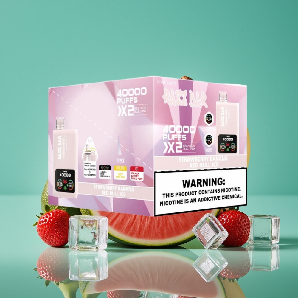 Razz Bar 40000 Puffs Vape Jetable - Affichage Écran, Double Bobine Mesh 1.0Ω, Batterie 650mAh, Port Type-C - Fraise Banane & Red Bull Glacé 2%/5% Nicotine