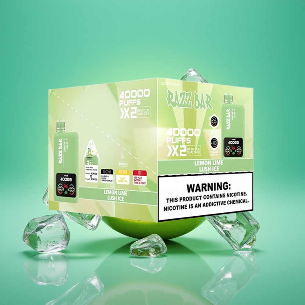 Razz Bar 40000 Puffs Vape Jetable CITRON VERT & GLACE FRAÎCHE avec écran d\'alimentation, batterie 650 mAh et bobine mesh 1.0Ω×2