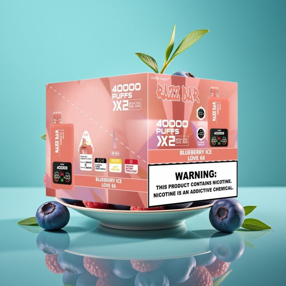 Razz Bar 40000 Puffs Vape Jetable MYRTILLE GLACÉ & LOVE 66 - Écran d\'Alimentation, 1.0Ω×2 Mesh Coil, 650mAh Port Type-C, 2%,5% Nicotine