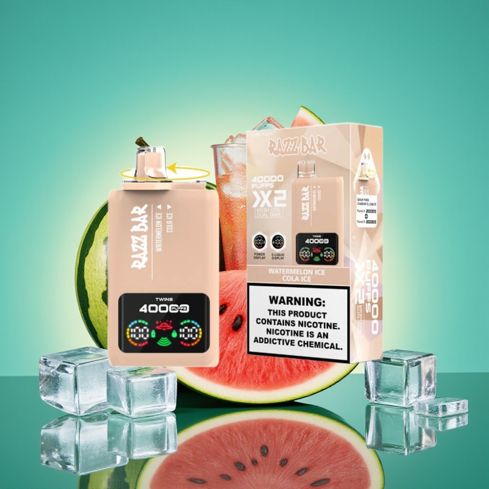 Razz Bar 40000 Puffs Vape Jetable WATERMELON GLACÉ & COLA GLACÉ - Écran d'Alimentation, Double Bobine Mesh 1.0Ω, Batterie 650mAh Port Type-C, 2%/5% Nicotine