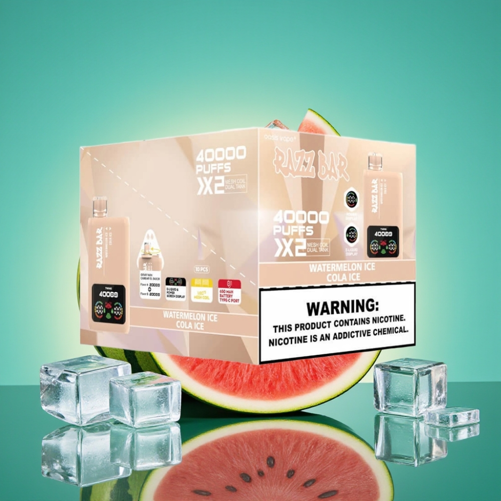 Razz Bar 40000 Puffs Vape Jetable WATERMELON GLACÉ & COLA GLACÉ - Écran d\'Alimentation, Double Bobine Mesh 1.0Ω, Batterie 650mAh Port Type-C, 2%/5% Nicotine