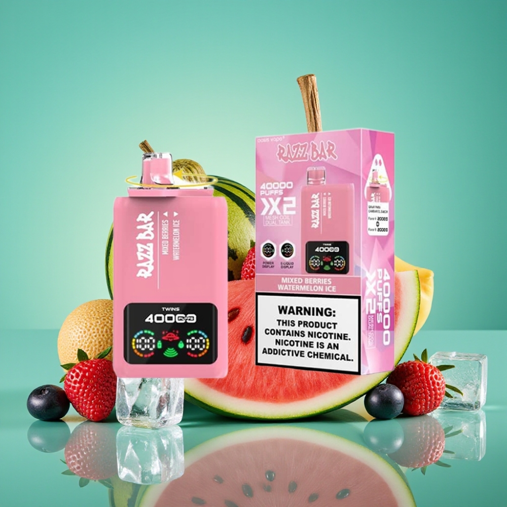 Razz Bar 40000 Puffs Vape Jetable Écran d'Alimentation avec Double Bobine Mesh 1.0Ω - Baies Mixtes & Pastèque Glacée