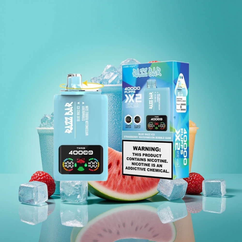 Razz Bar 40000 Puffs - Écran d'Alimentation - Double Bobine Mesh 1.0Ω - Batterie 650mAh Port Type-C - Myrtille Bleue Glace-Fraise Pastèque Bubble Gum