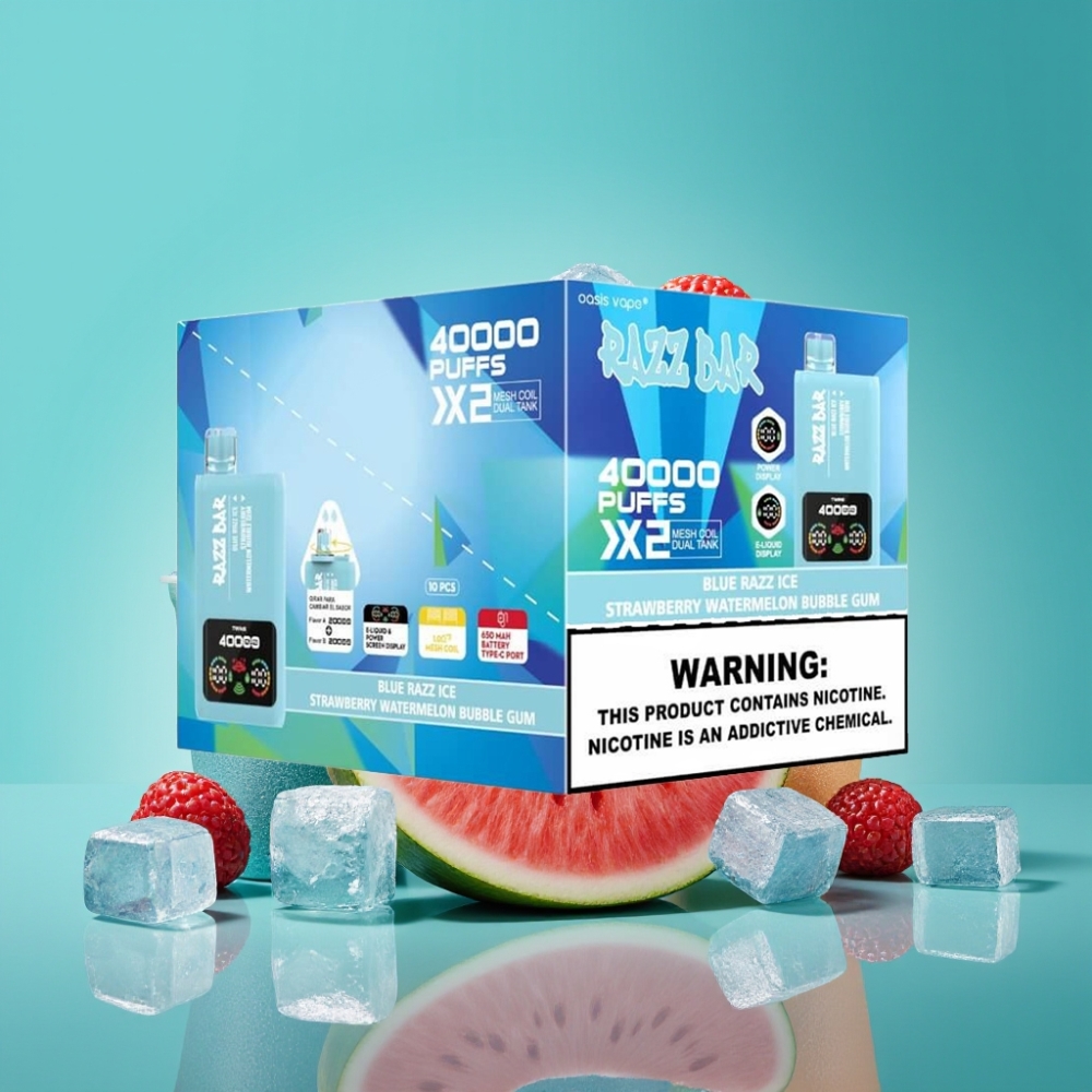 Razz Bar 40000 Puffs - Écran d\'Alimentation - Double Bobine Mesh 1.0Ω - Batterie 650mAh Port Type-C - Myrtille Bleue Glace-Fraise Pastèque Bubble Gum