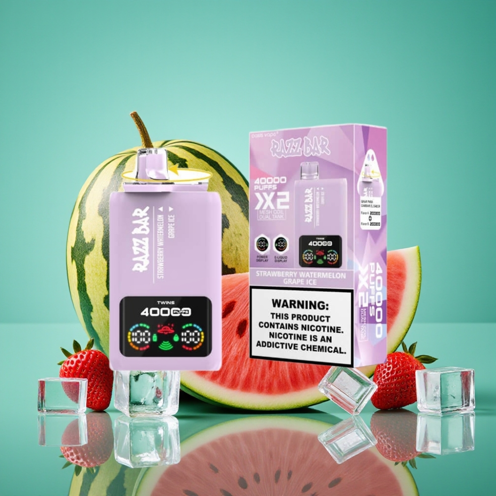 Razz Bar 40000 Puffs - Écran d'Alimentation - Type-C - 1.0Ω×2 Mesh Coil - 650 Mah - Fraise Pastèque & Raisin Glacé