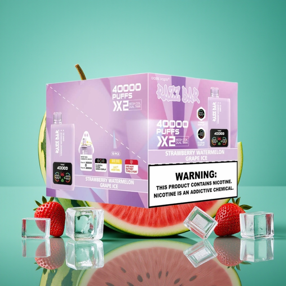 Razz Bar 40000 Puffs - Écran d\'Alimentation - Type-C - 1.0Ω×2 Mesh Coil - 650 Mah - Fraise Pastèque & Raisin Glacé