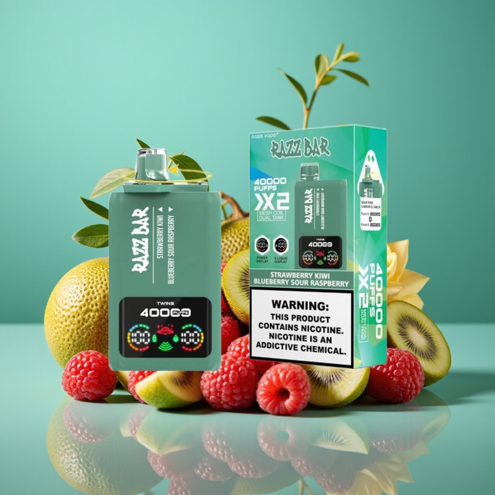Razz Bar 40000 Puffs Écran d'Alimentation Vape Jetable FRAISE KIWI & MYRTILLE FRAMBOISE ACIDE - 1.0Ω×2 Mesh Coil, 650mAh Battery Type-C, 2%/5% Nicotine