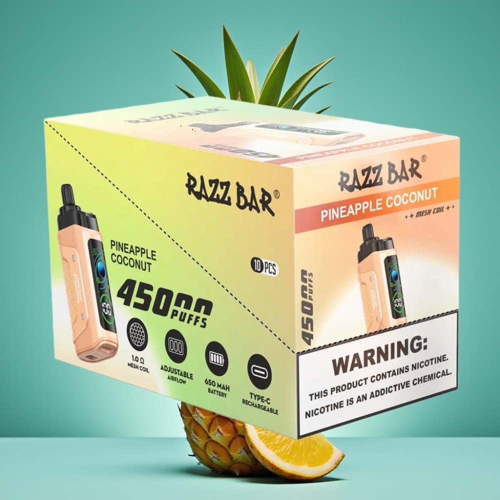 Razz Bar 45000 Puffs Vape Jetable Ananas Noix de Coco avec Bobine Mesh 1.0 Ohm et Airflow Réglable