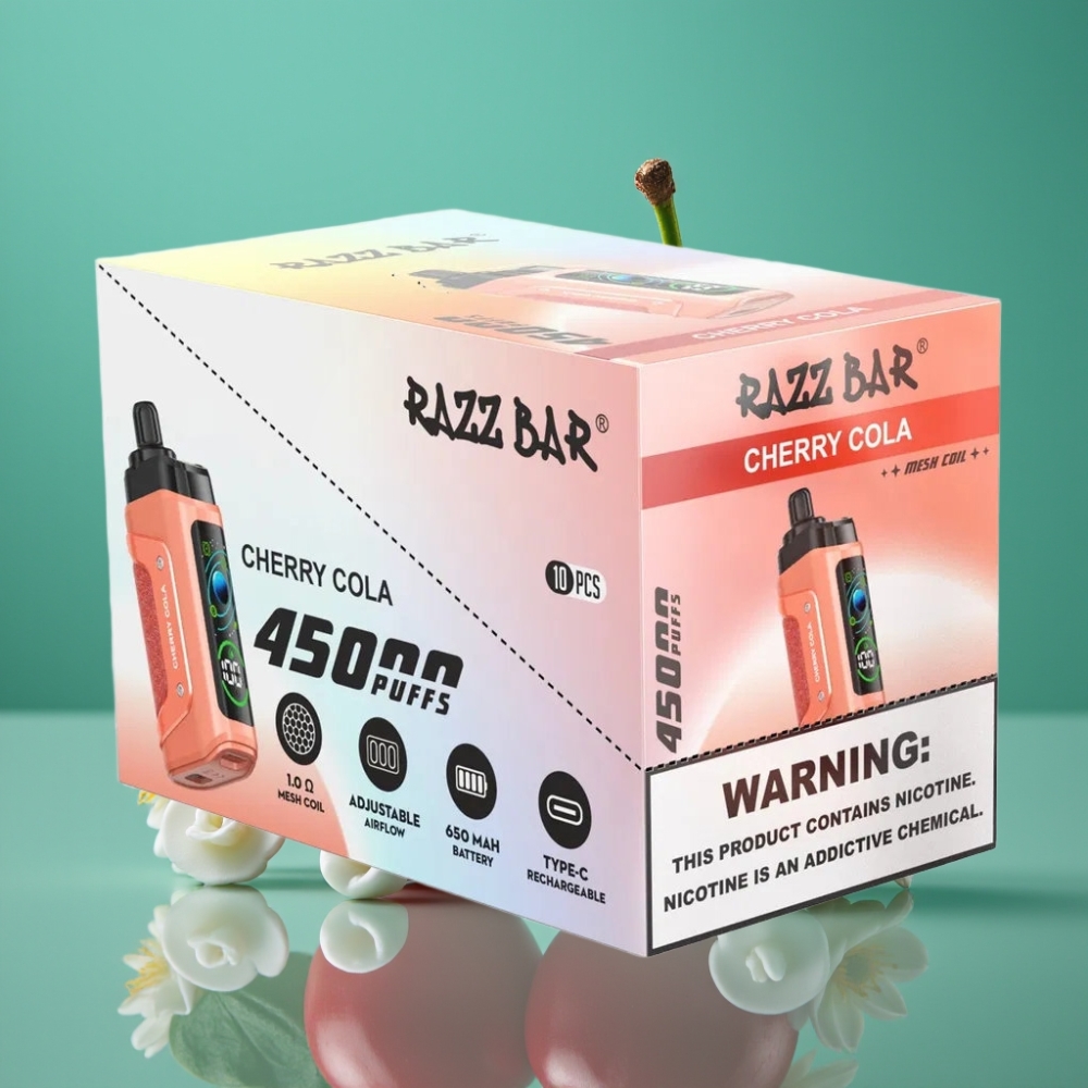 Razz Bar 45000 Puffs Vape Jetable Cerise Cola – Bobine Mesh 1.0 Ohm, Airflow Réglable, Batterie 650 mAh, Rechargeable Type-C, 20 mg/ml de Nicotine