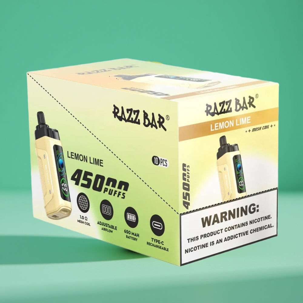 Razz Bar 45000 Puffs Vape Jetable Citron Vert et Framboise avec Bobine Mesh 1.0 Ohm et Batterie 650 mAh Rechargeable Type-C