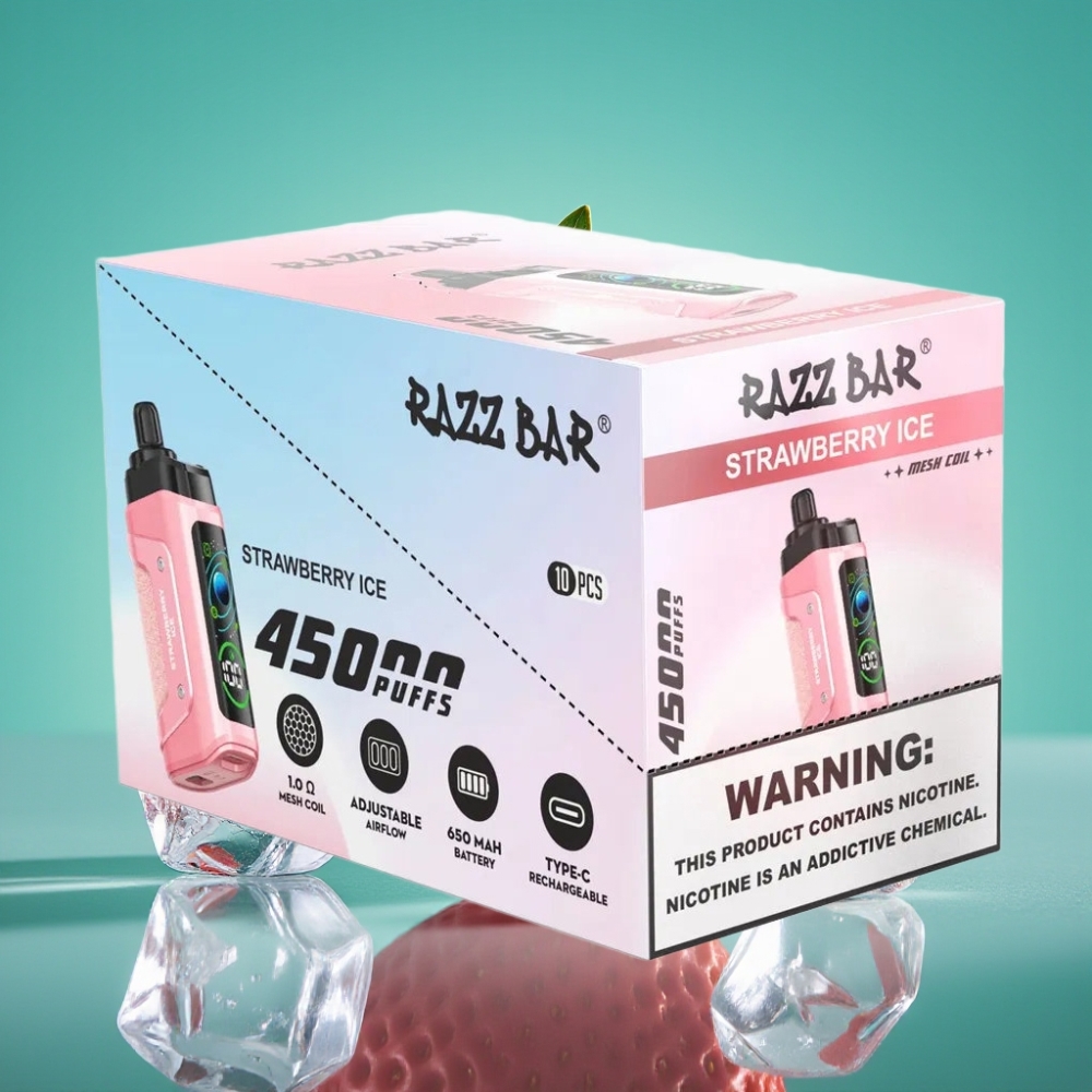 Razz Bar 45000 Puffs Vape Jetable Fraise Menthe avec Bobine Mesh 1.0 Ohm et Batterie 650 mAh Rechargeable Type-C