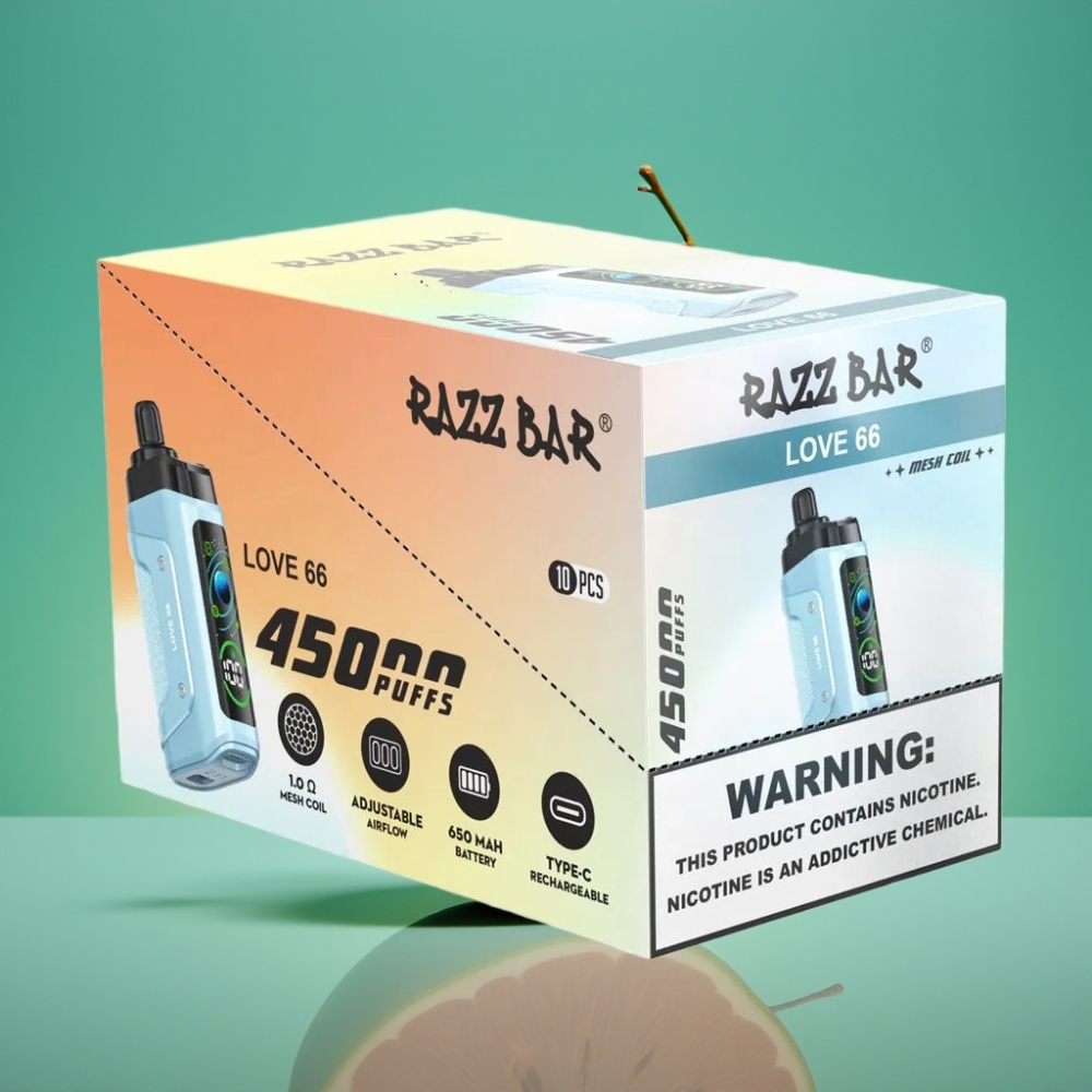 Razz Bar 45000 Puffs Vape Jetable Love 66 - Mesh Coil 1.0 Ohm, Airflow Réglable, Batterie 650 mAh, Rechargeable Type-C, 20 mg/ml de Nicotine
