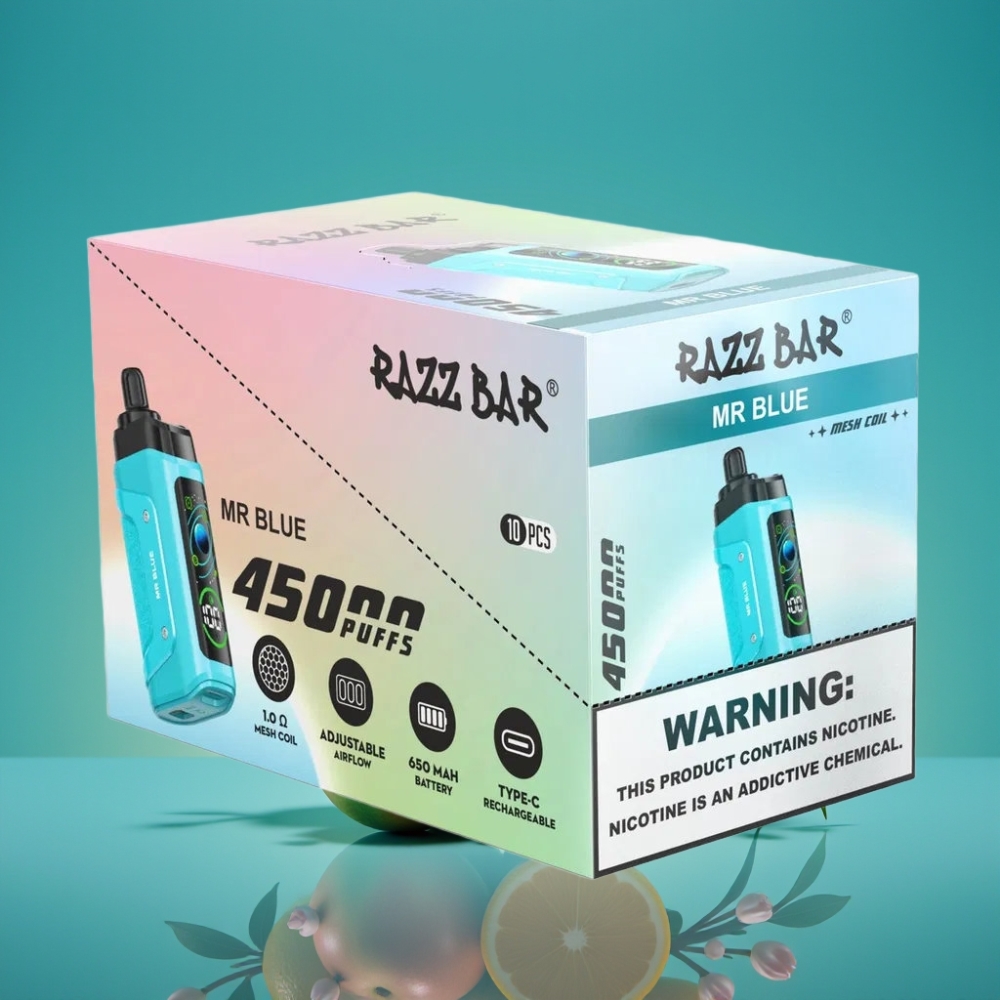 Razz Bar 45000 Puffs Vape Jetable Mr Bleu avec Bobine Mesh 1.0 Ohm et Airflow Réglable