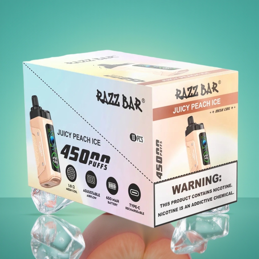 Razz Bar 45000 Puffs Vape Jetable Pêche Juteuse Glace avec Bobine Mesh 1.0 Ohm et Airflow Réglable