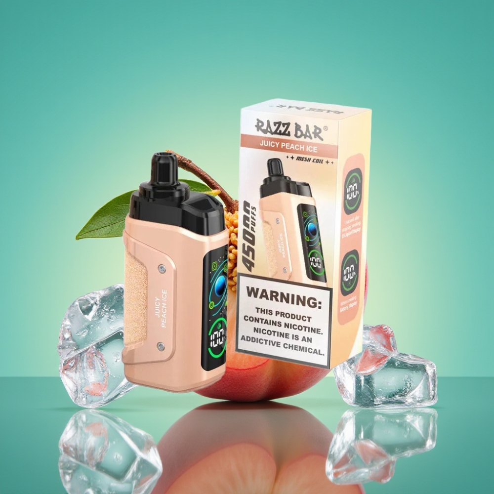 Razz Bar 45000 Puffs Vape Jetable Pêche Juteuse Glace avec Bobine Mesh 1.0 Ohm et Airflow Réglable